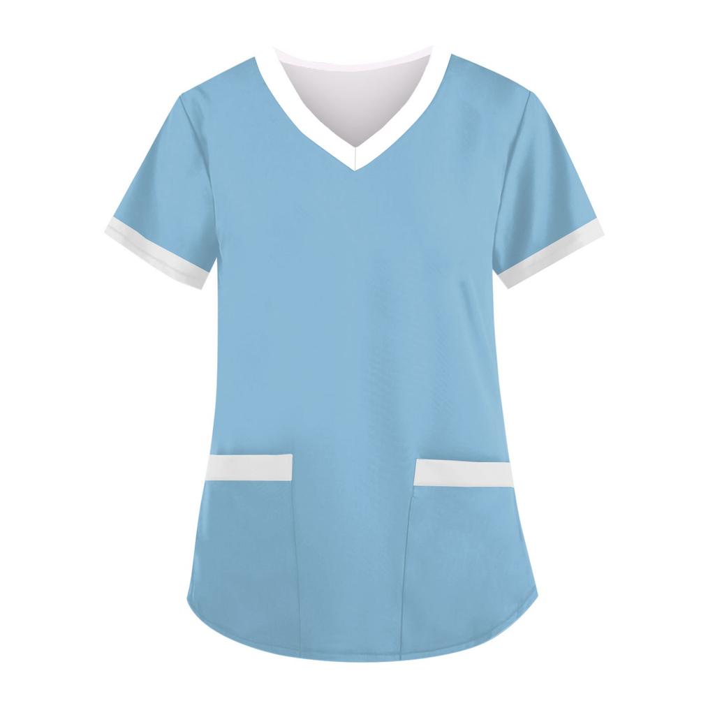 Módní dámské pracovní oděvy s výstřihem do V a krátkým rukávem s kapsami