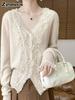 Youthful Trendy Open-Front Cardigan Women V-Neck Top Lace Trim Knit Sweater Coat Autumn Korean Style