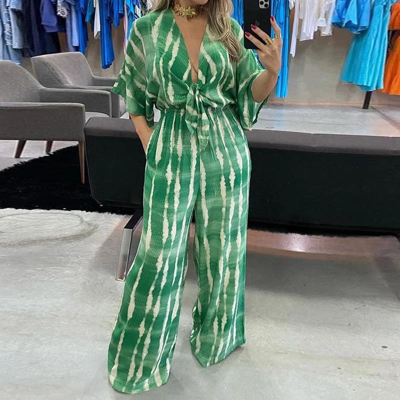 2025 Women's European & American V-Neck Tie-Up Jumpsuit - Sexy Loose Autumn Wear, 3/4 Sleeves.