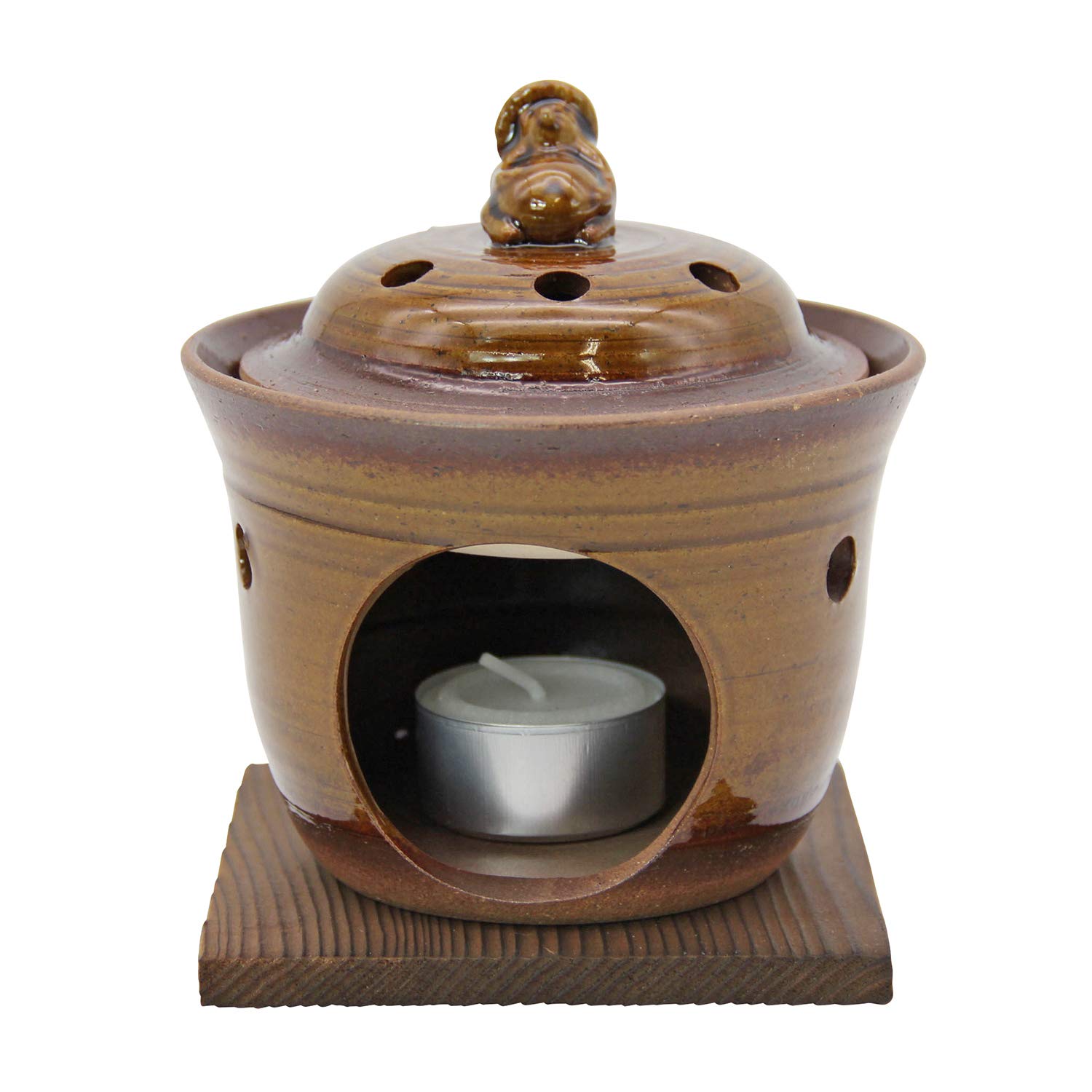 

Saji Pottery, Banko Ware Tea Incense Burner 10.2cm (with candle and base) Tanuki (raccoon dog) design, Amber glaze, Made in Japan 011-10, Brown