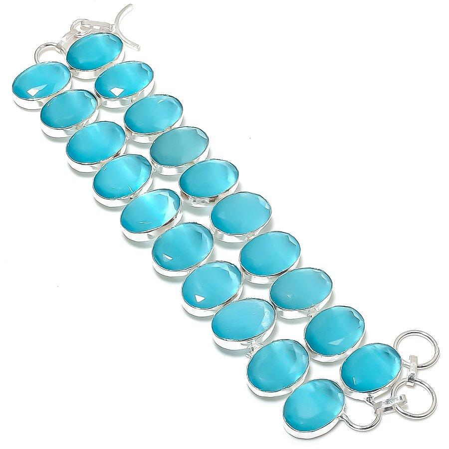 Natural Blue Chalcedony Gemstone Handmade 925 Sterling Silver Bracelet 7-8" Q3c53