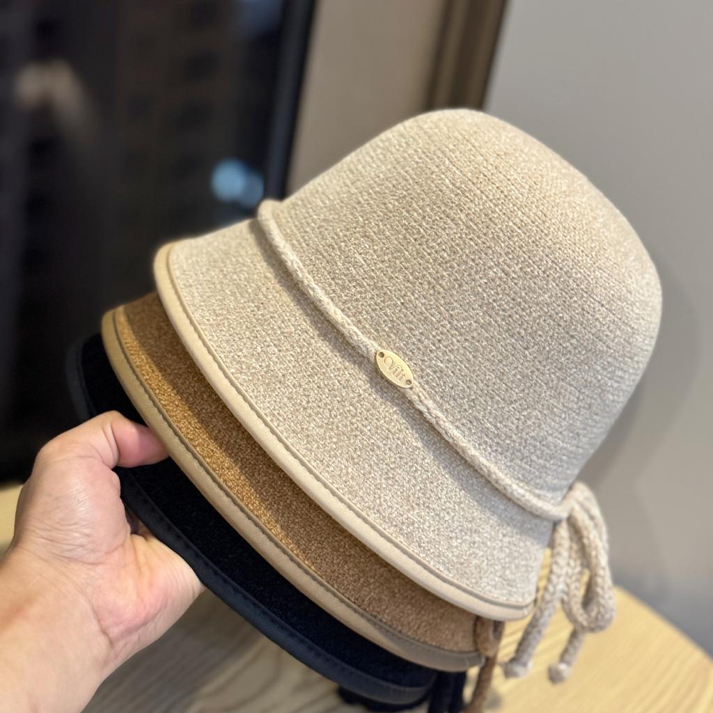New Chenille Fisherman Hat for Women In Autumn and Winter Temperament Warm Basin Hat Simple Solid Color Bow Bucket Hat Trendy