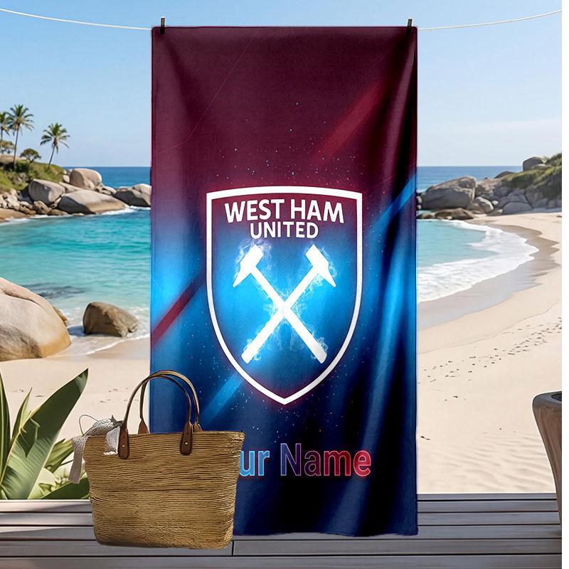 West Ham United FC Personalized Printed Beach Towel Soccer Logo Support Custom Name Text Absorbent Towel For Sport Travel Special Gift