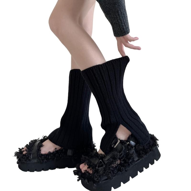 Women's Aesthetic Solid Color Leg Warmers with Side Split Ribbed Knit Boot Covers Footless Socks for Everyday Wear