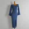 Fashion Style New Arrival Diagonal Collar Elegant Flare Sleeve Knitting Dress Women's Clothing Fall Slim Fit Hip Split Long Skirt
