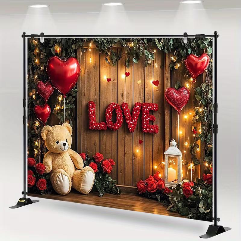 2D Romantic Love Teddy Bear Tapestry Wooden Wall Red Heart Balloon Photo Booth Decor