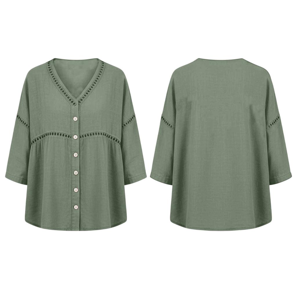 Damen Button-Down Leinenhemden 3/4 Ärmel V-Ausschnitt Lochstickerei Blusen Lässige Baumwolle Hohlstrick Boho Tops