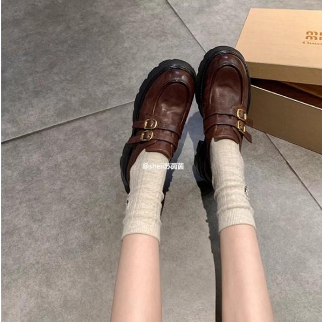 

Cowhide version~ Su Yinyin increased her height by 6cm, washed horse leather, small gold buckle, thick heel, thick sole, loafer single shoes, women 40