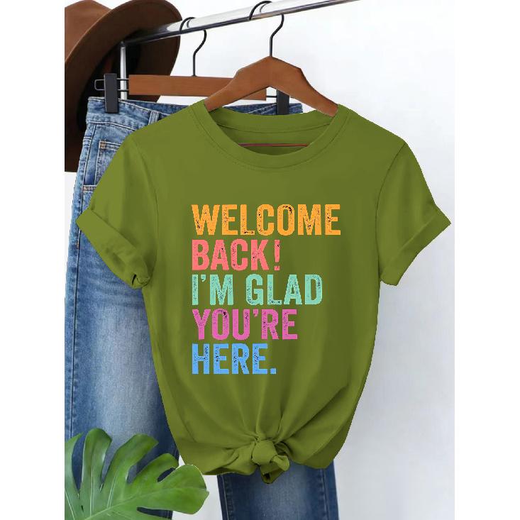 Summer womens clothing Cute and lively cartoon lady T Shirt Welcome Ba I m Glad You re Here Contrast color letter print round neck casual S армия зеленый
