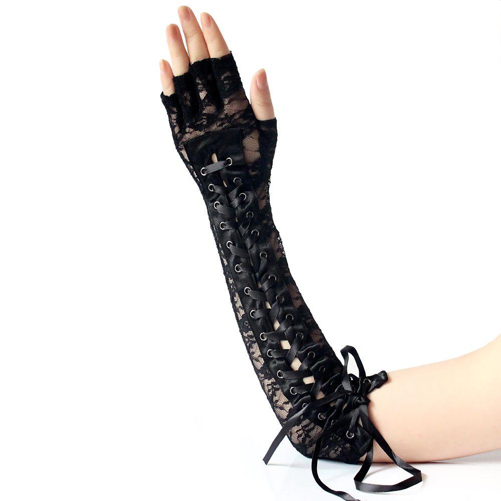 Fashion Long Fingerless Party Cosplay Silk Ribbon Lace Gloves Halloween Gloves Punk Gothic Mittens