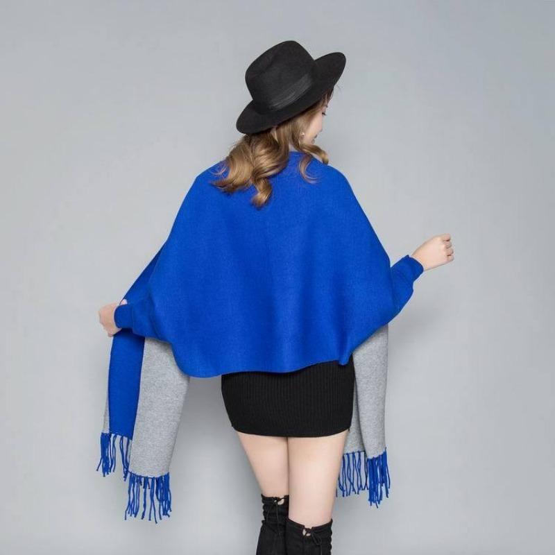 Women'S Double-Sided Shawl, Scarf, Dual-Purpose Fringed Thickened Long-Sleeved Cashmere-Blend Cape Jacket