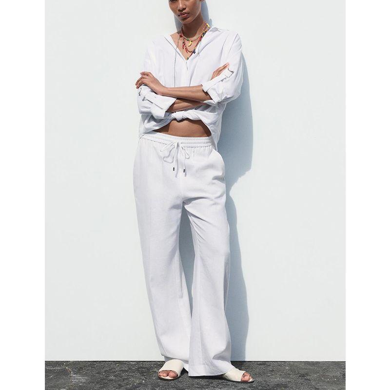 Summer New Product Women's Clothes American Minimalist White Linen Blend Straight-leg High Waist Casual Trousers 9929041
