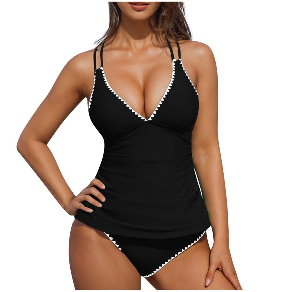 

European and American New Contrasting Color Sexy Swimsuit Two-piece Women s Summer Beach Vacation Style Low-necked Thin Women s Bikini S чёрный