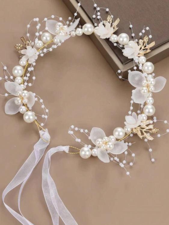 

1Pc Forest Style Pearl Flower Bridal Headband, Fairy White Mesh Flower Hair Hoop, Wedding Dress Styling Headpiece United States