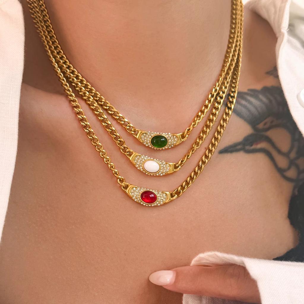 High-end Charm Stainless Steel Cat's Eye Stone Necklace Vintage Style Ancient Geometric Link Chain Choker