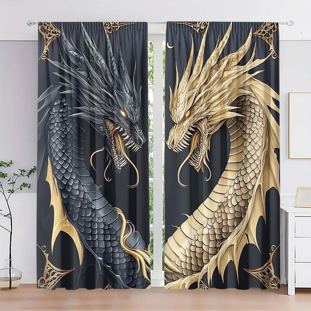 2pcs Black & Gold Dragon Print Curtains – Art Deco Style   Light Filtering & Fade Resistant for Bedroom   Living Room & Office