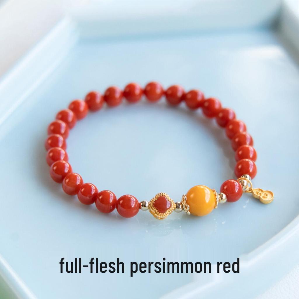 Red Agate & Amber Beaded Bracelet with Ruby Four-Leaf Clover for Women