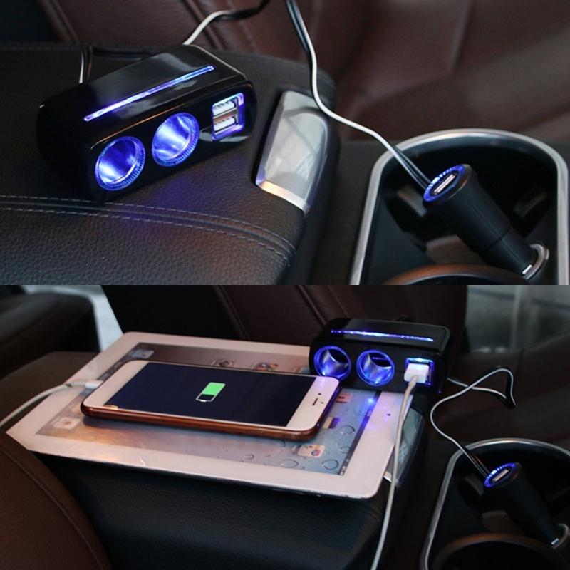12V/24V Vehicles Lighter Socket Splitter Multiple Device Charging Car Accessory with 2 USB Interfaces Totally 3A Output