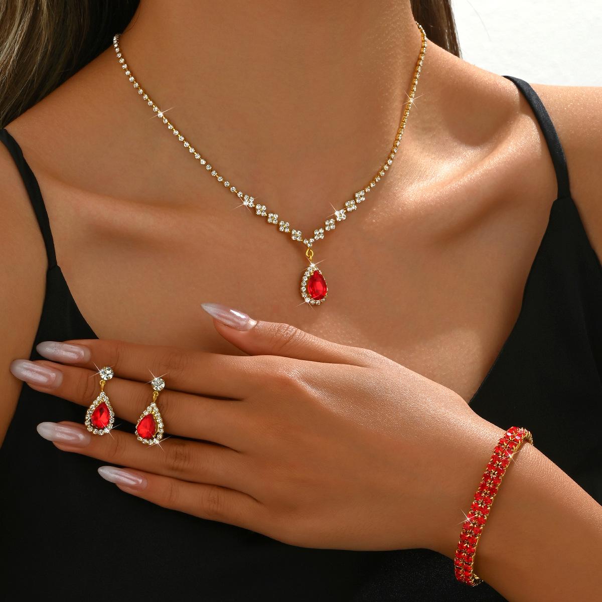 2026 Bright Diamond Zircon Water Drop Necklace Earrings Bracelet Bridal Wedding Jewelry Set 45CM