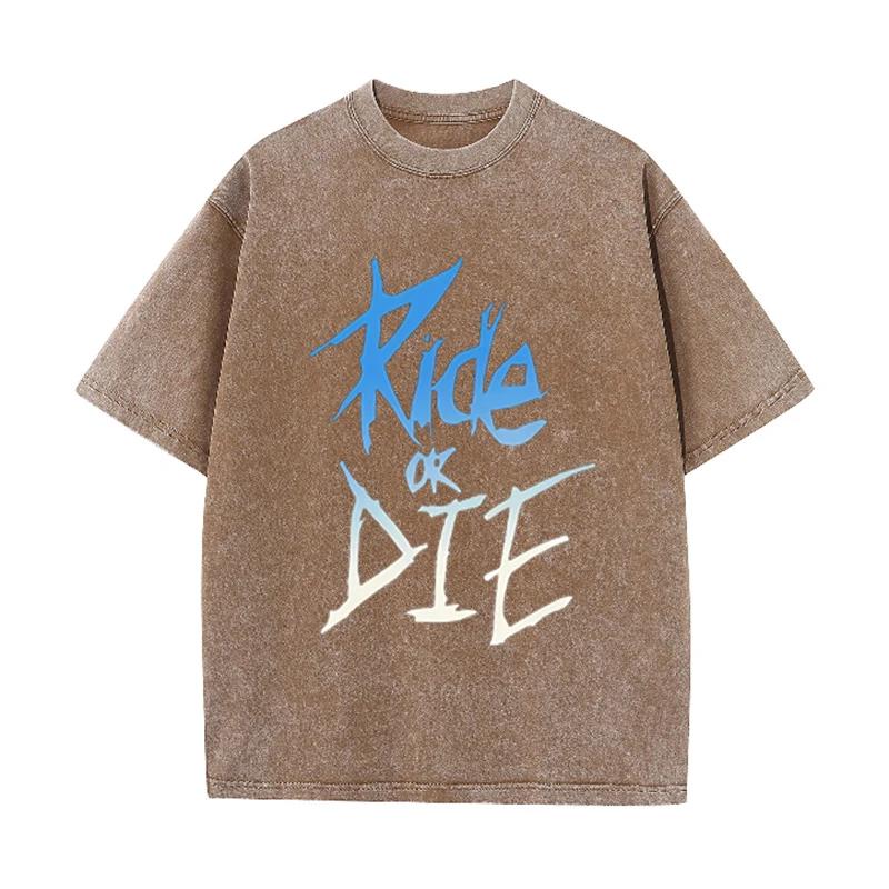 Ride Or Die Letter Print Vintage Washed T Shirt Unisex Punk Rock Casual Tee