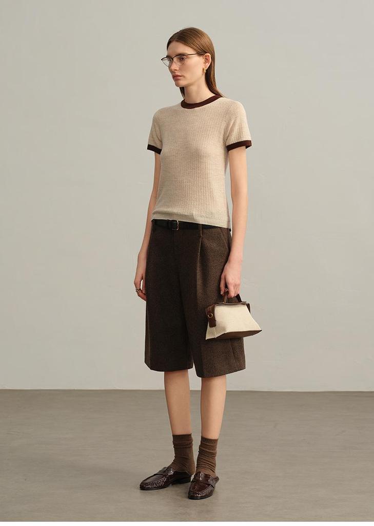 Autumn/Winter Women's Color Block Edge Round Neck Short Sleeve Wool Sweater - Breathable Knitwear Base Layer