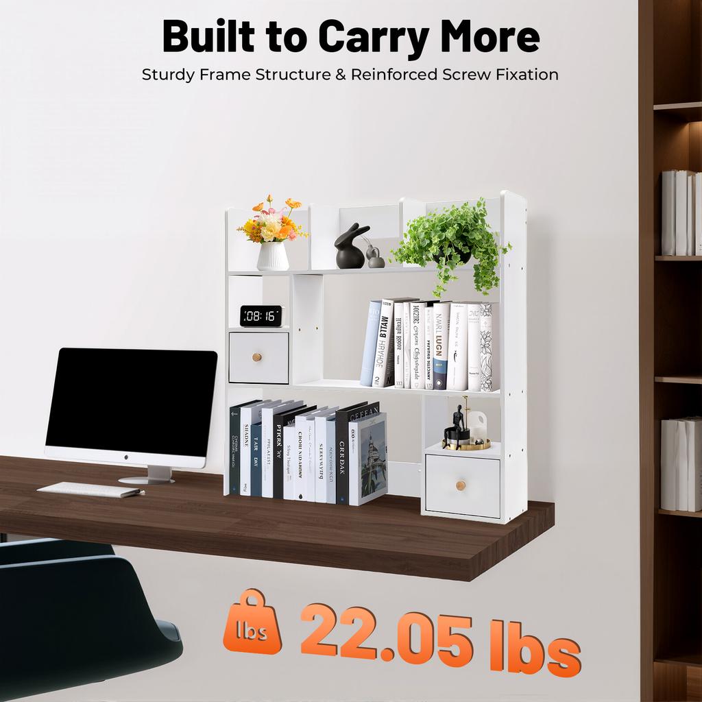 Desktop Bookshelf 9-Tier Storage Shelf, Modern White MDF Bookcase Organizer with Doors for Office,Study,Living Room,Holds 22lbs