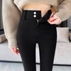 Women's High-Waisted Fleece-Lined Skinny Pants - Black, Non-Pilling, Slimming, Elastic Outerwear, Spring/Autumn Style.
