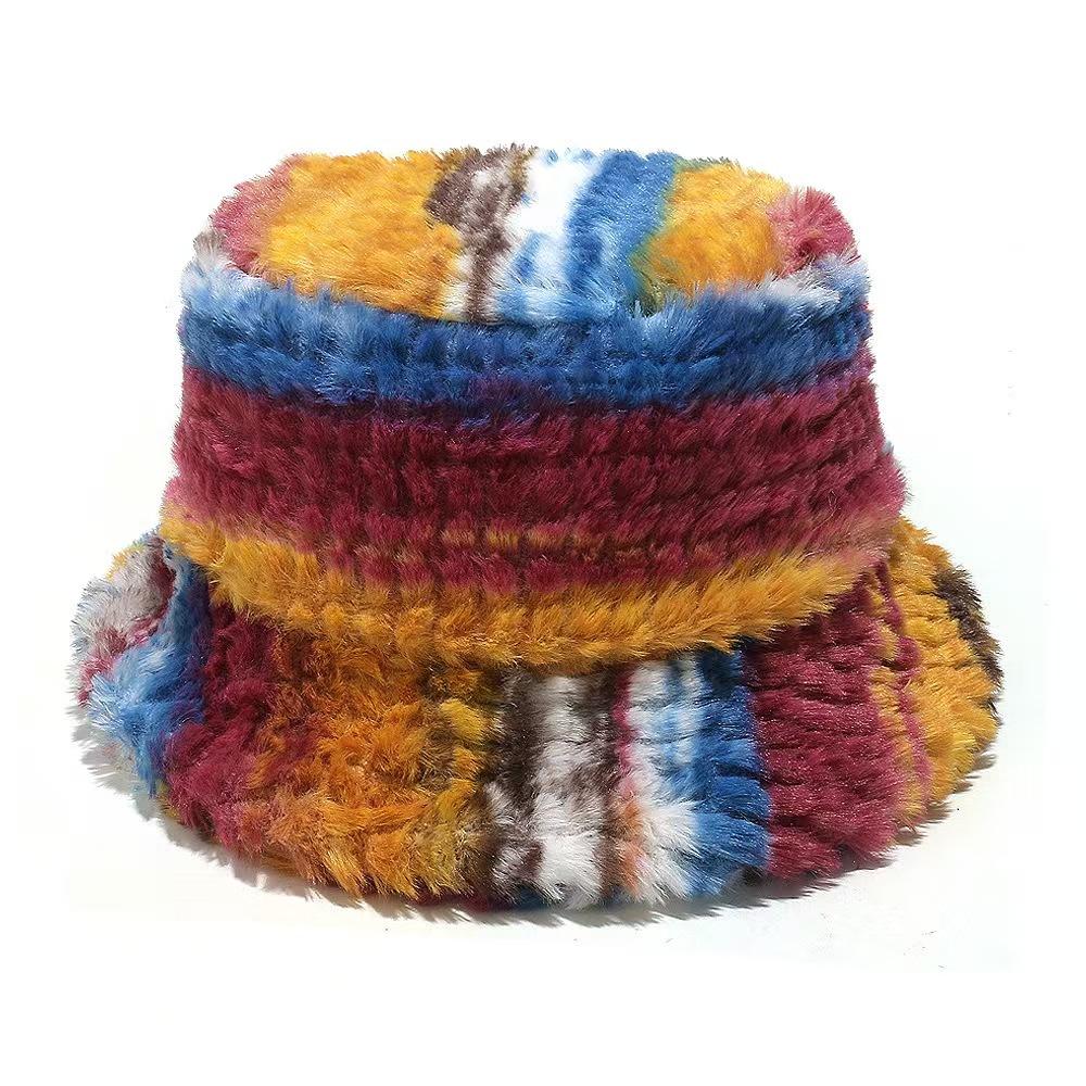 Unisex Bucket Hat Striped Women Men Fishing Fisherman Hat Autumn Winter Faux Fur Wool Outdoor Warm Panama Cap