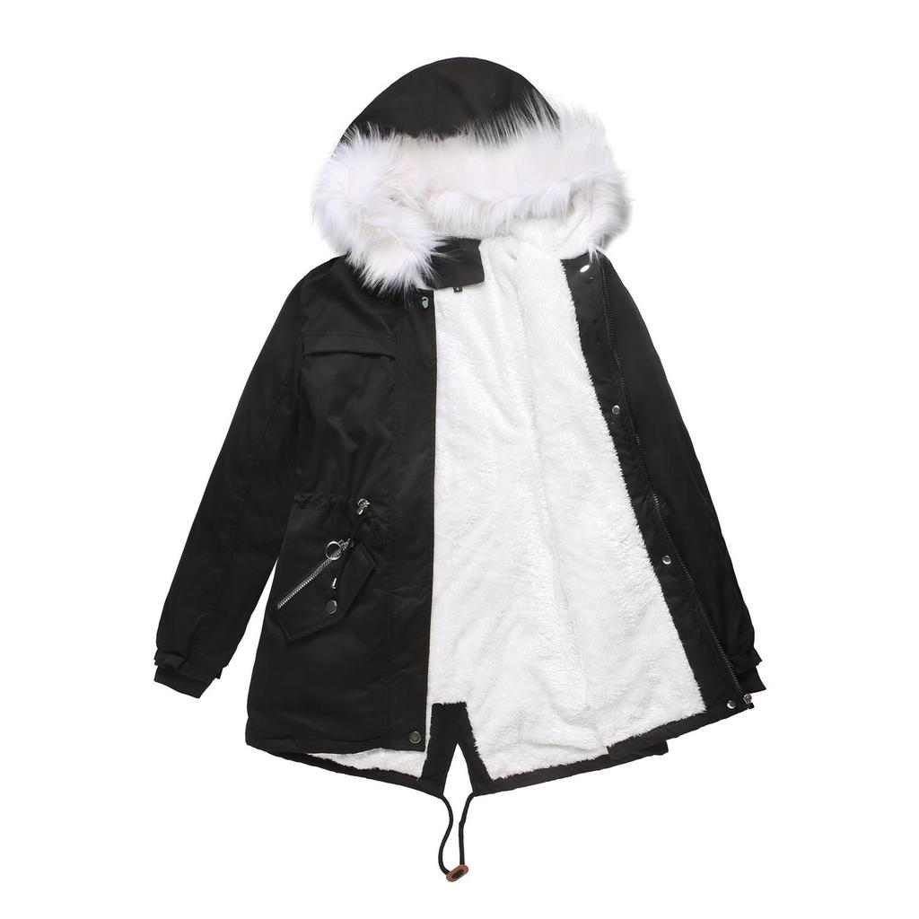 Winter Women's White Fur Collar Parka Mid Length Hooded Warm Fleece Solid Color Long Sleeve Casual Chic Coat M-4XL