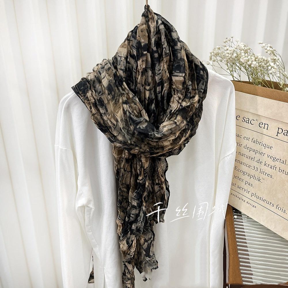 New Retro Literary Imitation Cotton And Linen Pleated Thin Versatile Shawl Small Floral Scarf Yarn Japanese Fashion Trend