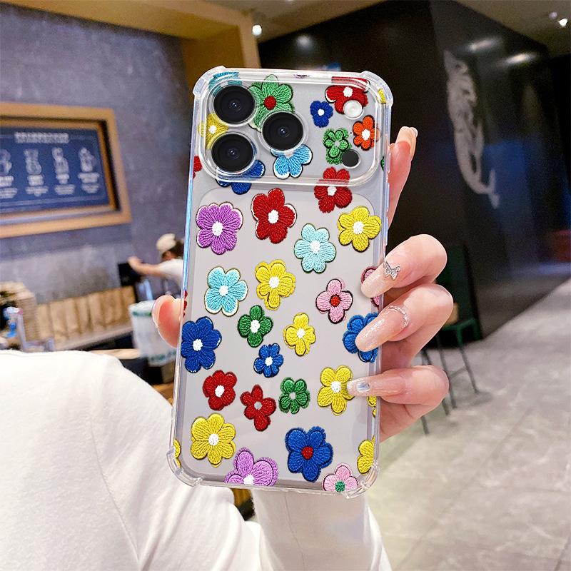 Selection Color Imitation Embroidered Flower Apple 12pm Mobile Phone Case iPhone17 Transparent Protective Case 16 Soft Case