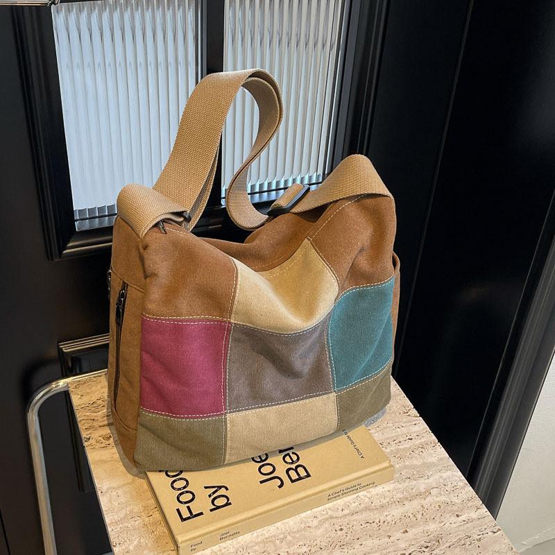 Trendy Color Stitching Canvas Tote Bag 2024 New Street Style Wide Strap Crossbody Bag