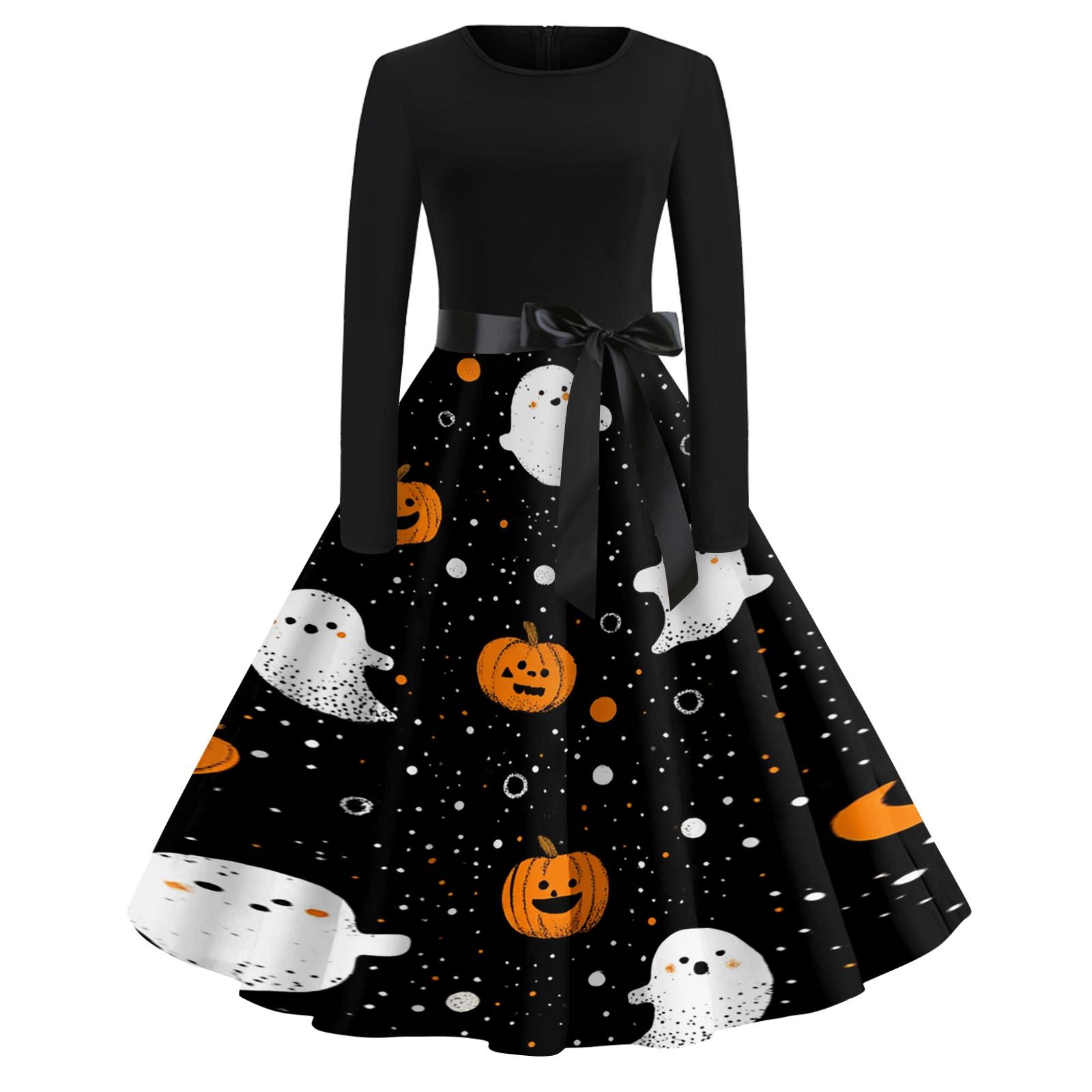 Women s Casual Long Sleeve Round Neck Vintage Halloween Print Midi Dress with Waist Tie Belt Retro Style L чёрный