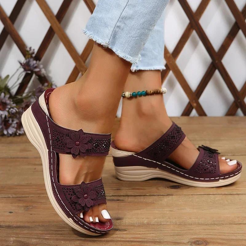 Fashion 2025 Summer Women Slippers Plus Size Women's Shoes Retro Roman Sandals Women Pu Casual Flower Wedge Sandals Platform Slippers