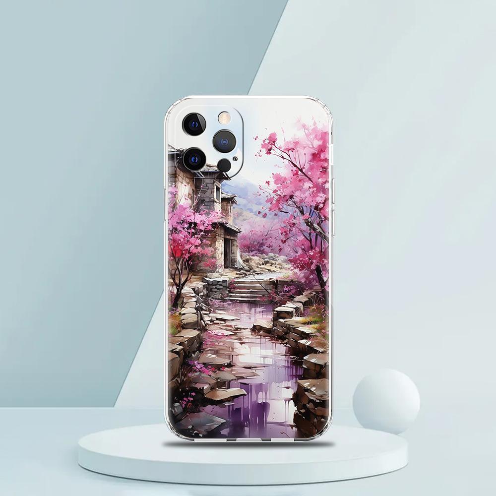 

For iPhone 15 16 14 13 12 mini 11 Pro Max XS X XR SE 7 8 Plus Silicone Clear Cover Ink and wash landscape painting Phone Case iPhone XR
