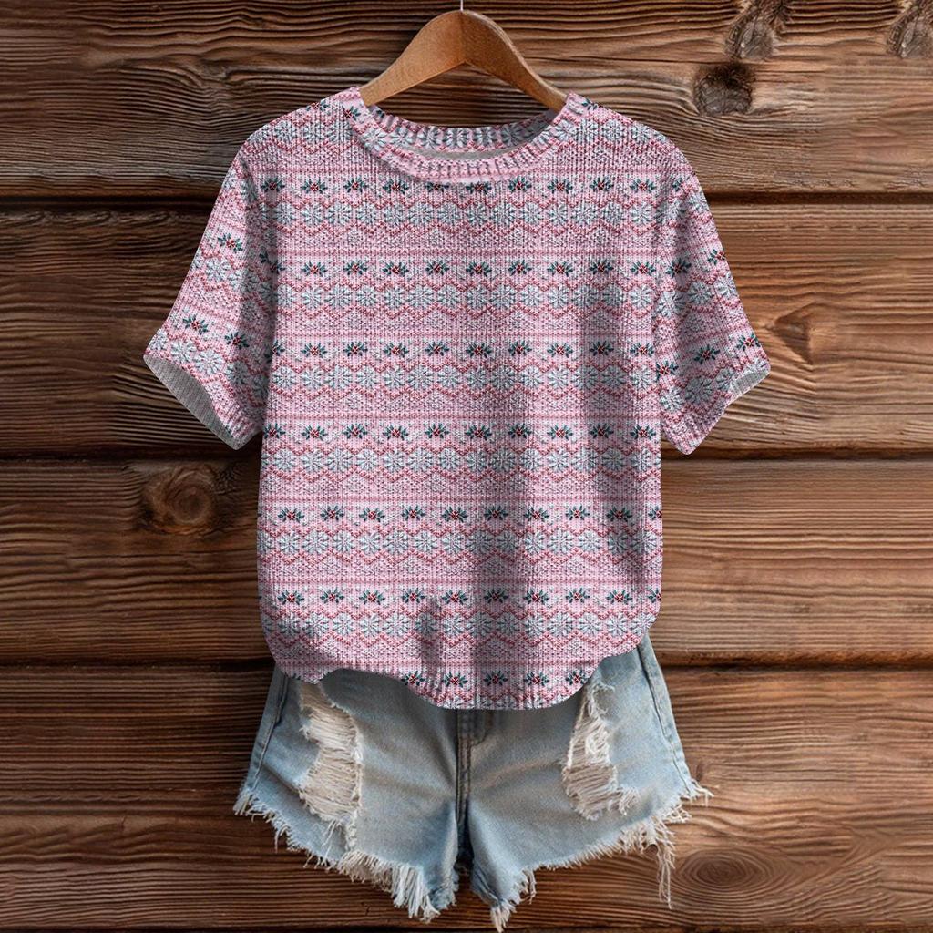 Women's Cute Sweater Knitted Fashion Casual Round-neck Short-sleeved  Cozy Print Top