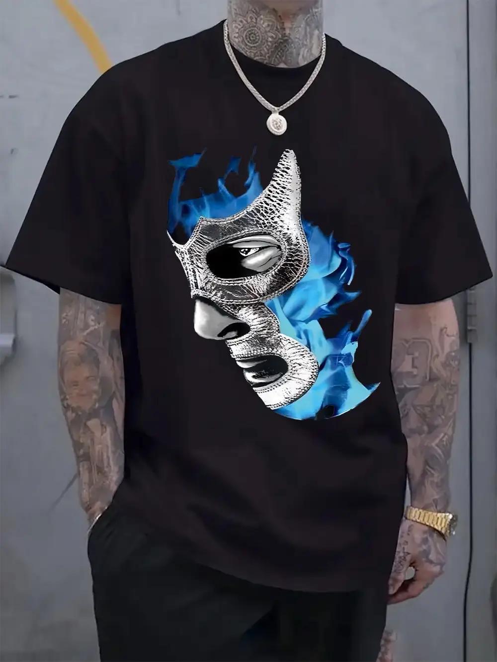 

Round Neck Short Sleeve T-shirt with Mystery Mask Print Fashion Regular Fit Tee Spring/Summer Vacation S