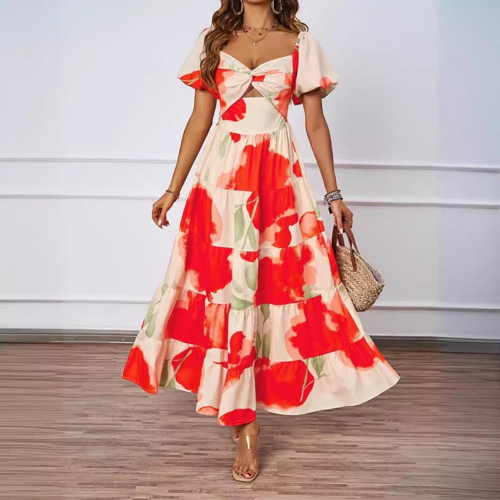 Sommerkleid für Damen, elegant, mit Blumenmuster und ausgehöhlten Schultern