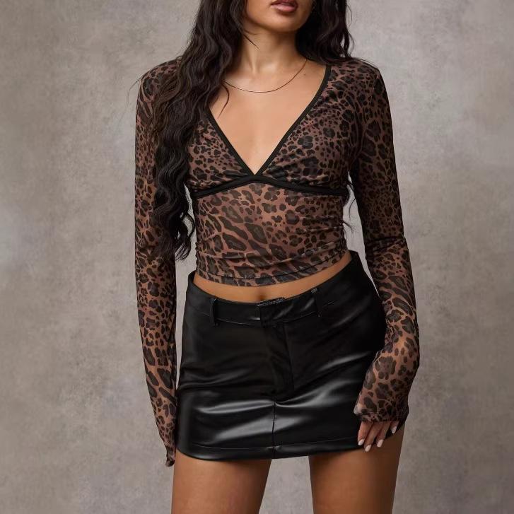 TEMU foreign trade 2026 y2k new deep V transparent leopard print mesh printing elegant women s long-sleeved top XS темно-коричневого