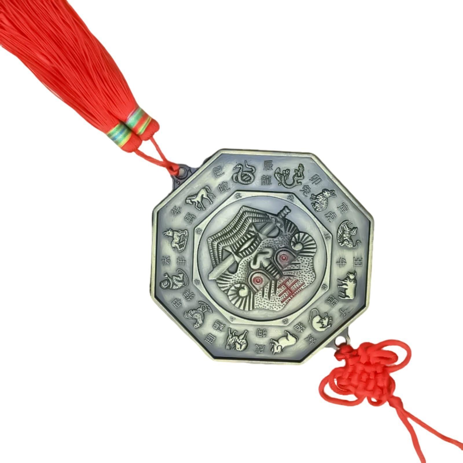 

Traditional Chinese Foo Dog Biting Swords with Bagua Mirror Tassels Hanging Pendant Fengshui Ornament for Family Safety A