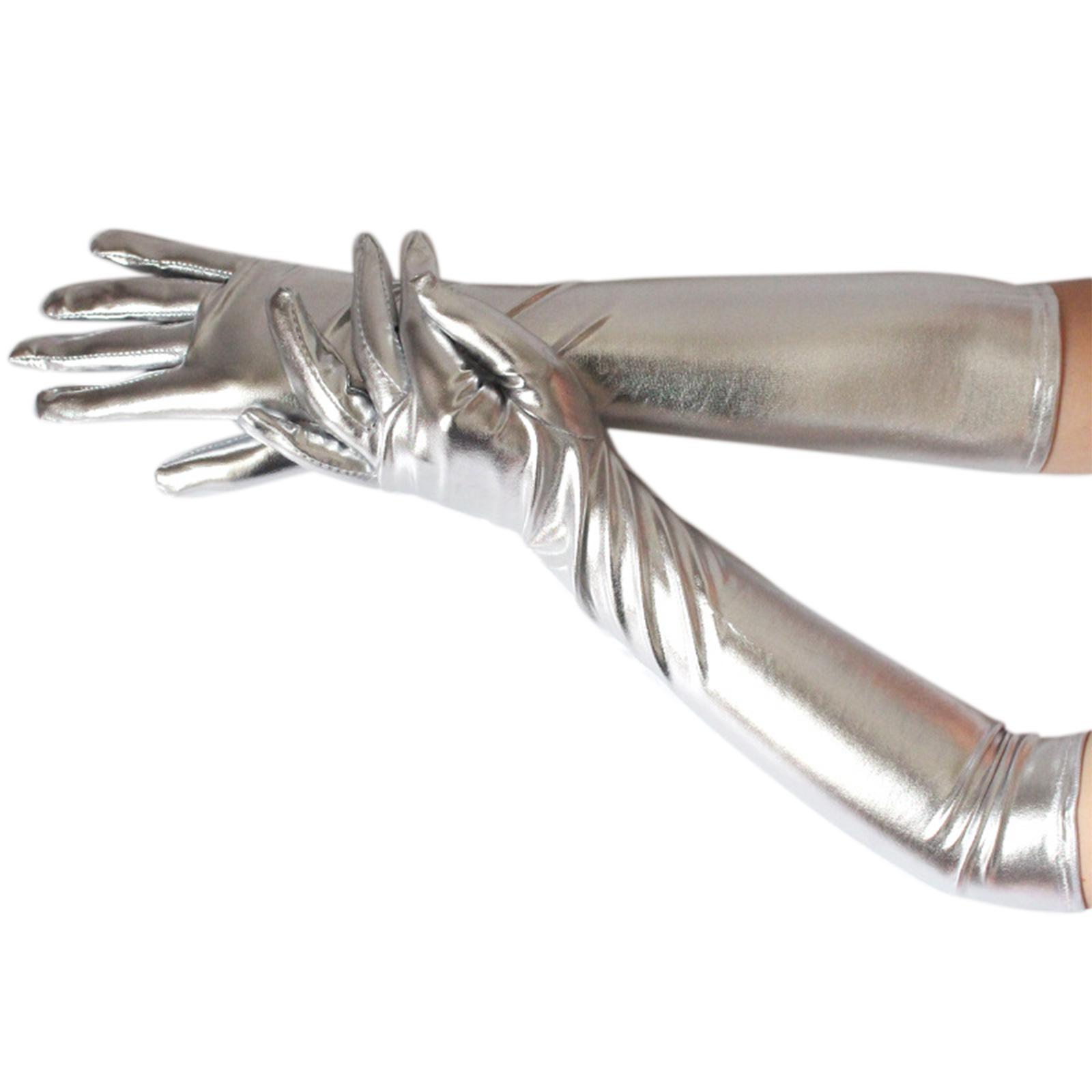 

45cm Length Women Long Sleeve Gloves Banquet Dress Gloves Metallic Elastic Warm Wedding Party Bride Shinning Gloves 1 серебряный