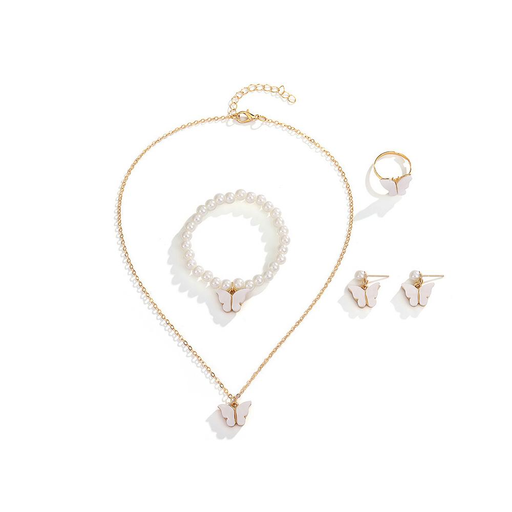 

Темперамент Личность Бабочка Жемчужное Ожерелье + Серьги + Кольцо + Браслет Комплект Ювелирных Изделий Женщины Девочки Подарочные Аксессуары белый