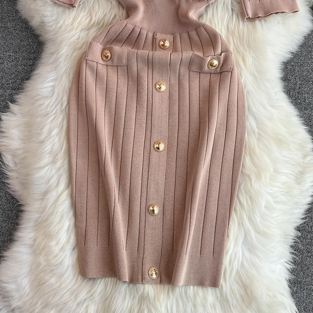 New Summer Women Lapel Knitted Sweater Solid Dress Short Sleeve Sheath Bodycon Mini Party Dresses