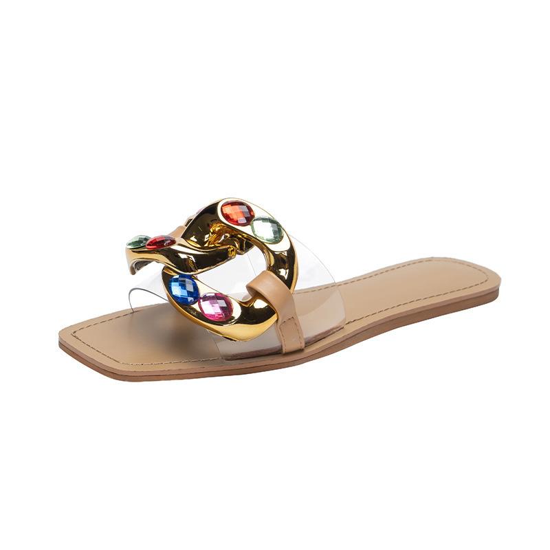 

Жіночі ковзанки з квадратним носком і плоскою підошвою, кришталеві металеві прикраси, прозорі тапочки, жіноче модне повсякденне взуття, літо 42 39 мигдалевий