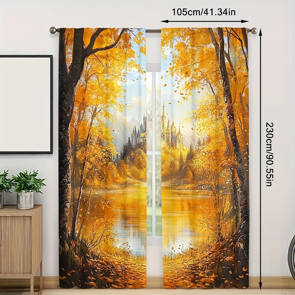 2pcs Autumn Maple Leaf & Cottage Scenery Curtains - 100% Polyester   Ginkgo Tree & Castle Print   Semi-Transparent   Machine Washab