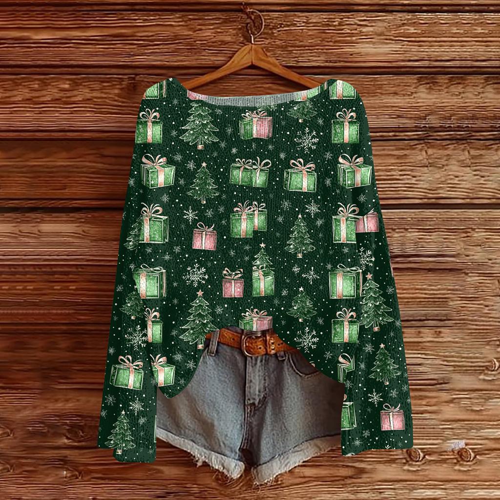 Women's Fashion Christmas Print Lightweight Sweater Casual Long-Sleeve Knit Pullover Top