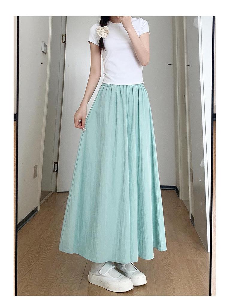 2025 Summer Women's Blue A-Line Pleated Midi Skort with High Waist and Wide-Leg Design