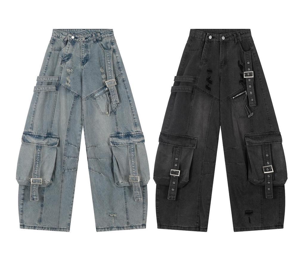 Unisex Multi-Pocket Wide Leg Ripped Denim Jeans - Trendy American High Street Style