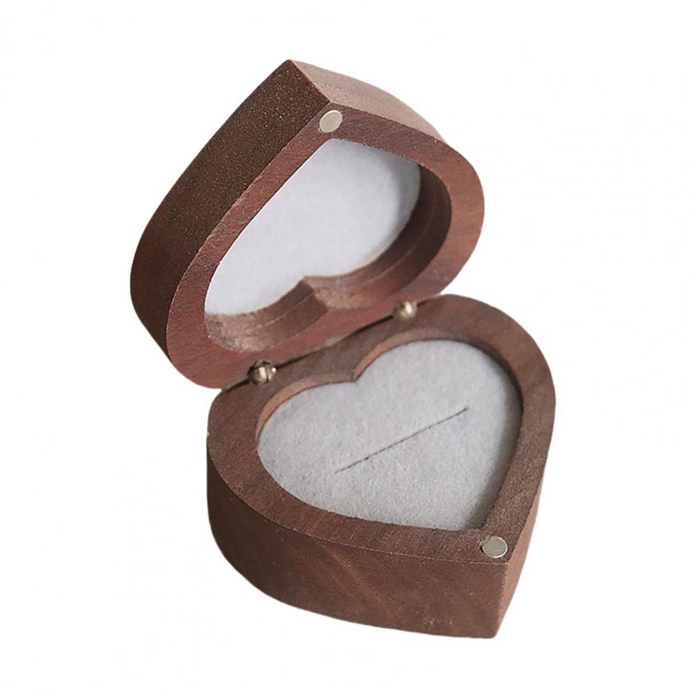 Ring Storage Box Heart-shaped Walnut Wood Jewelry Box Velvet-padded Ring Storage Case Smooth Polished Surface Wedding Proposal