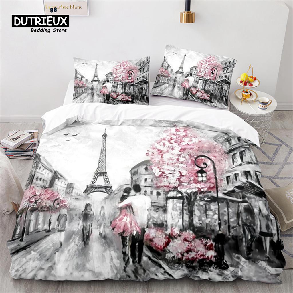 Eiffel Tower Duvet Cover Microfiber Paris Cityscape In The Clouds Bedding Set King Size For Kids Adults Romantic Comforter Cover